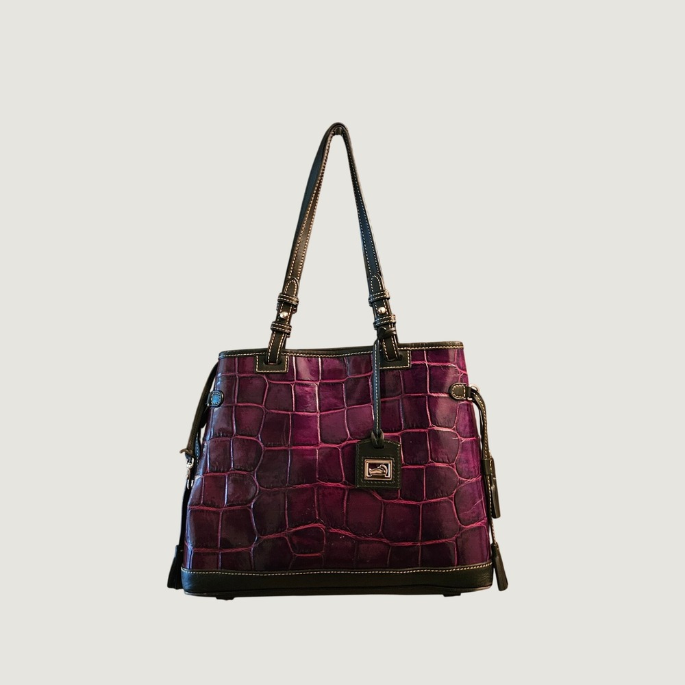 Dooney & Bourke Black Eggplant Croc Embossed Leather Tote Bag Shoulder Bag